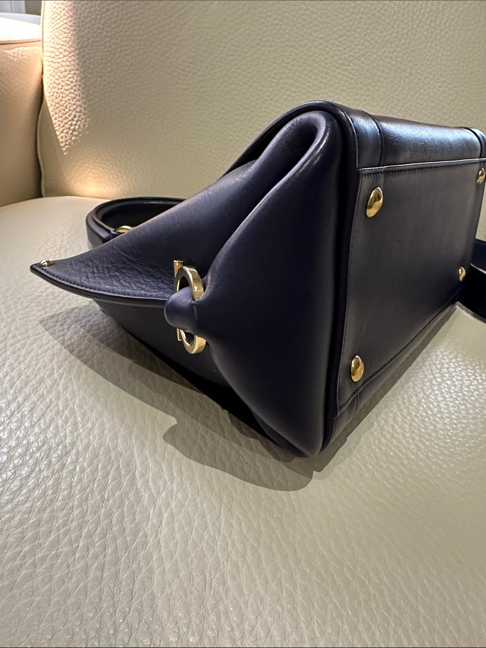 Salvatore Ferragamo Sofia Small Satchel in navy blue with gold-tone hardware. - Picture 5 of 11
